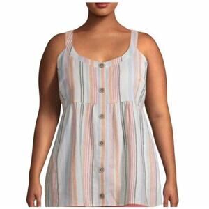 Terra & Sky Linen Blend Striped Button Tank Top Women Sz 14W/0X